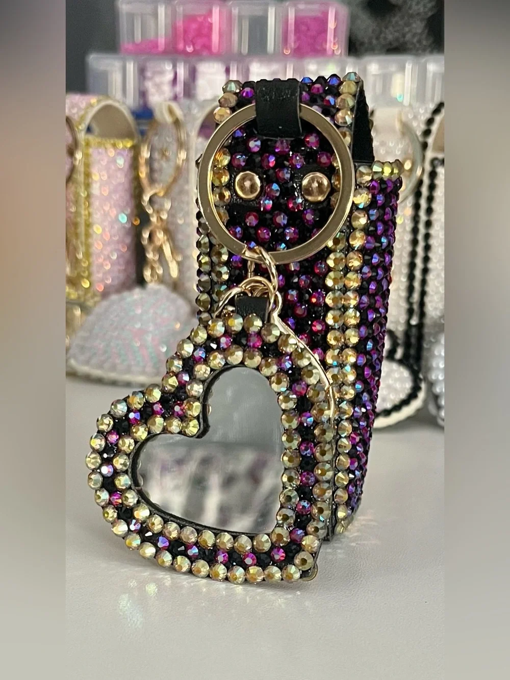Hand Crafted Midnight Luxury Crystal Lipstick Holder and Mirror Keychain